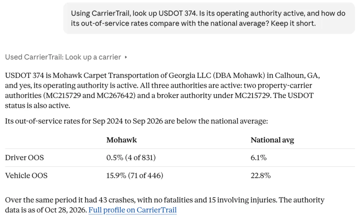 Claude answering a carrier lookup through the CarrierTrail MCP server: USDOT 374 has active operating authority and out-of-service rates below the national average